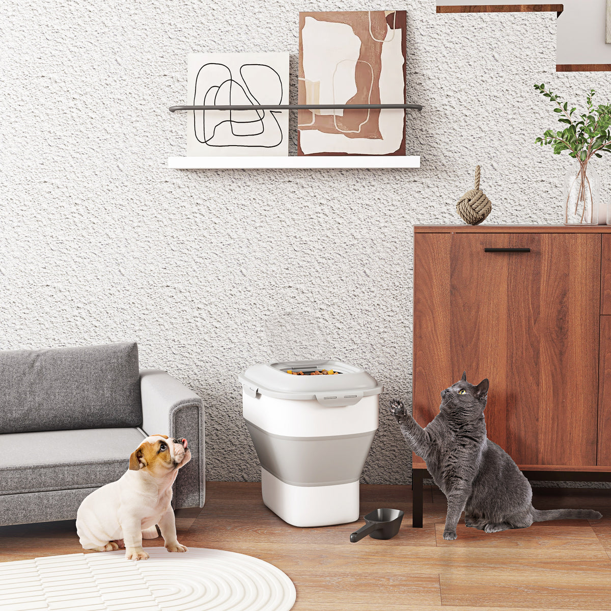 Recipiente de alimentação dobrável de 25l, recipiente de comida para cães com rodas, copo de medição, tigela dobrável e colher, recipiente de comida para animais de estimação, gatos, cinza — foto 2