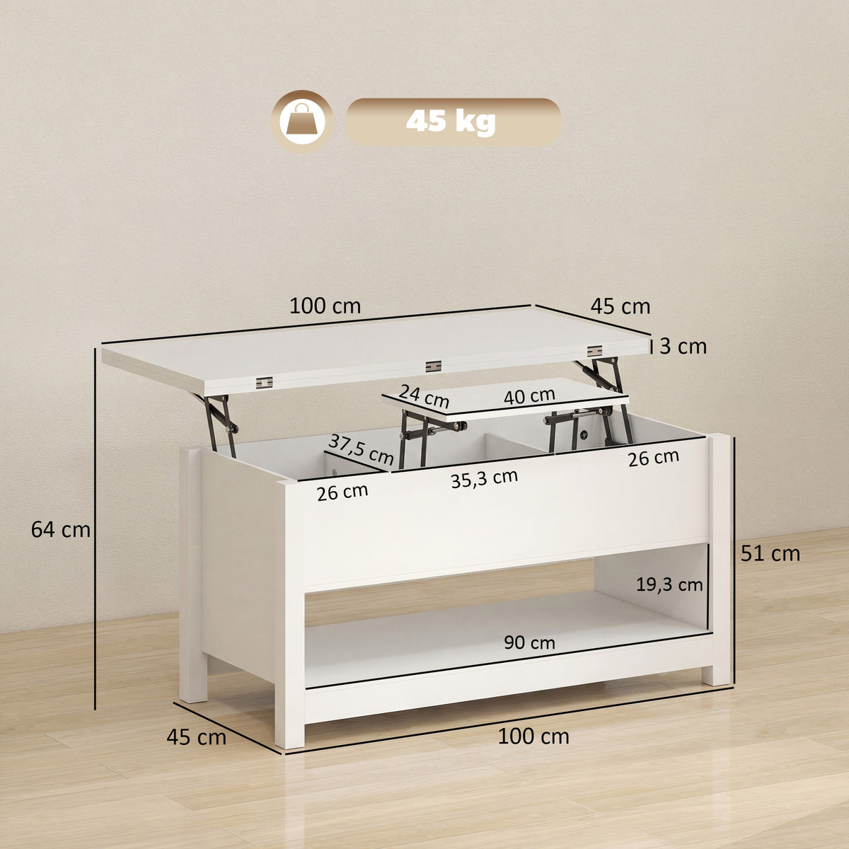 Mesa de Centro Elevatória e Extensível com Compartimentos Ocultos e Prateleira Aberta para Sala de Estar Escritório 100x90x64 cm Branco — foto 3