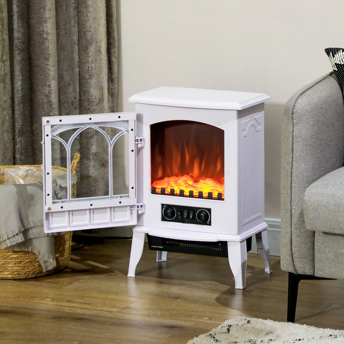 Lareira Elétrica Portátil 1000/2000W com Efeito de Chama Realista e Proteção Contra Superaquecimento para Ambientes entre 15-30m² 39x23x56,5 cm Branco — foto 2