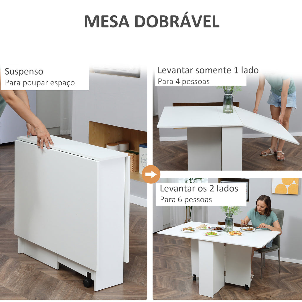 Mesa de Sala de Jantar Dobrável Mesa de Madeira com 2 Prateleiras de Armazenamento e Rodas para Cozinha 75x140x74 cm Branco — foto 4