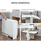 Mesa de Sala de Jantar Dobrável Mesa de Madeira com 2 Prateleiras de Armazenamento e Rodas para Cozinha 75x140x74 cm Branco — foto 4