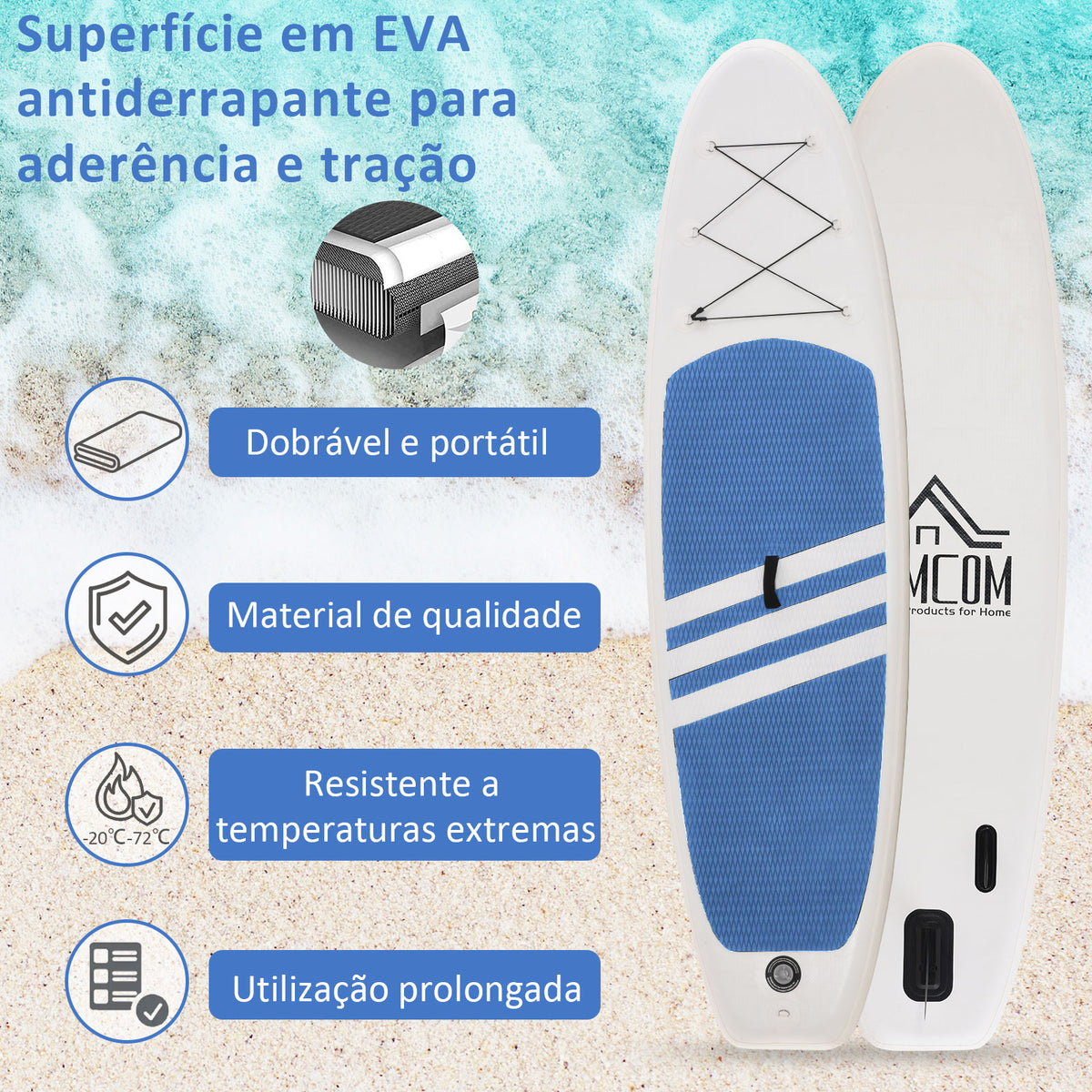 Prancha de surf inflável com remo ajustável Almofada antideslizante e acessórios completos Máx. 120 kg 305x80x15 cm Azul Branco — foto 4