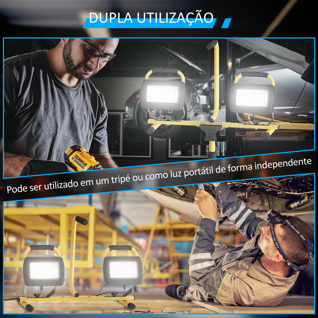 Projetor LED Duplo Recarregável de Alumínio com Tripé Dobrável 8500 Lúmenes IP65 6500K e Cabeças Ajustáveis para Trabalho Interior e Exterior Amarelo e Preto — foto 5