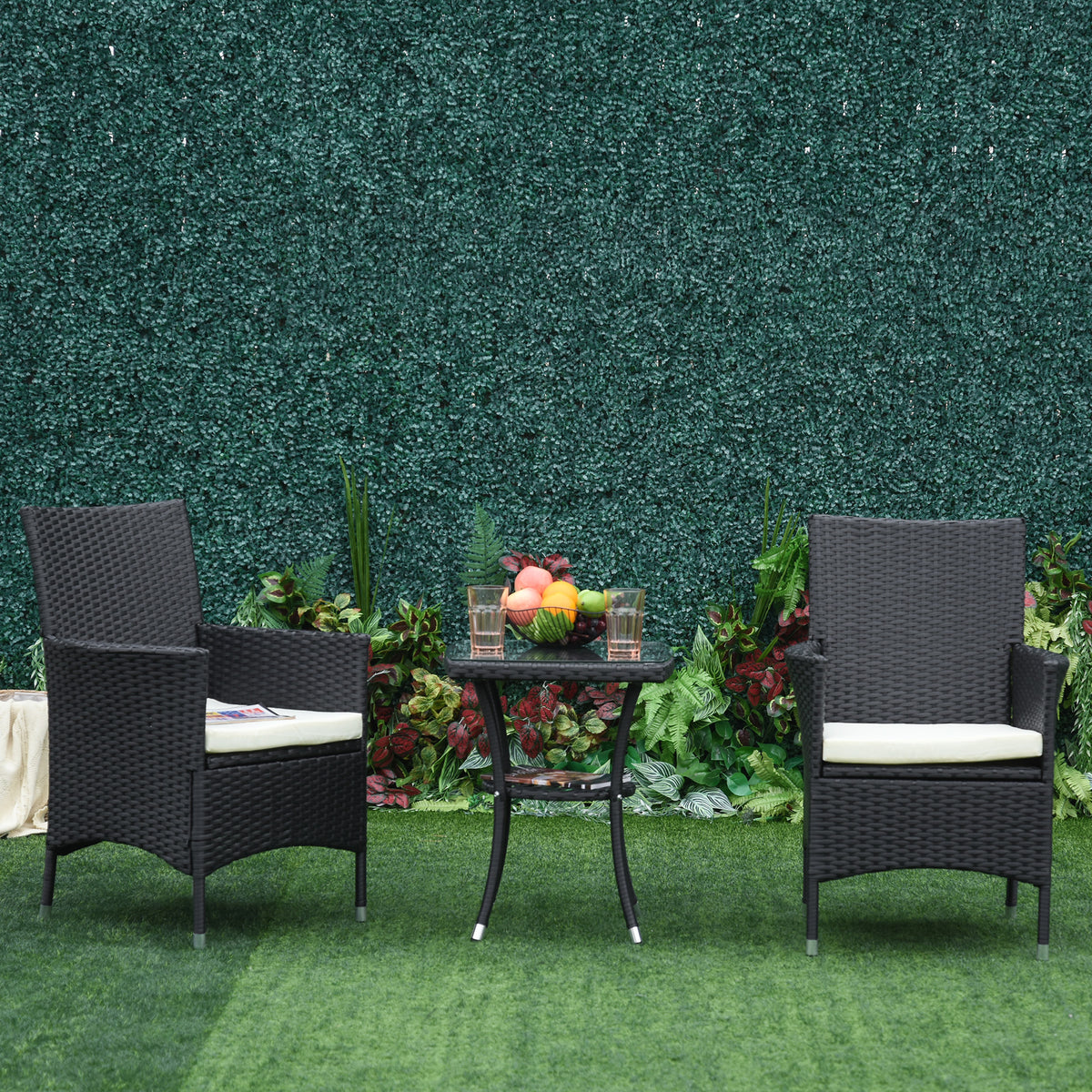 Conjunto de Móveis de Exterior para Varanda Inclui 1 Mesa 2 Cadeiras 2 Almofadas Vime Metal Preto — foto 2