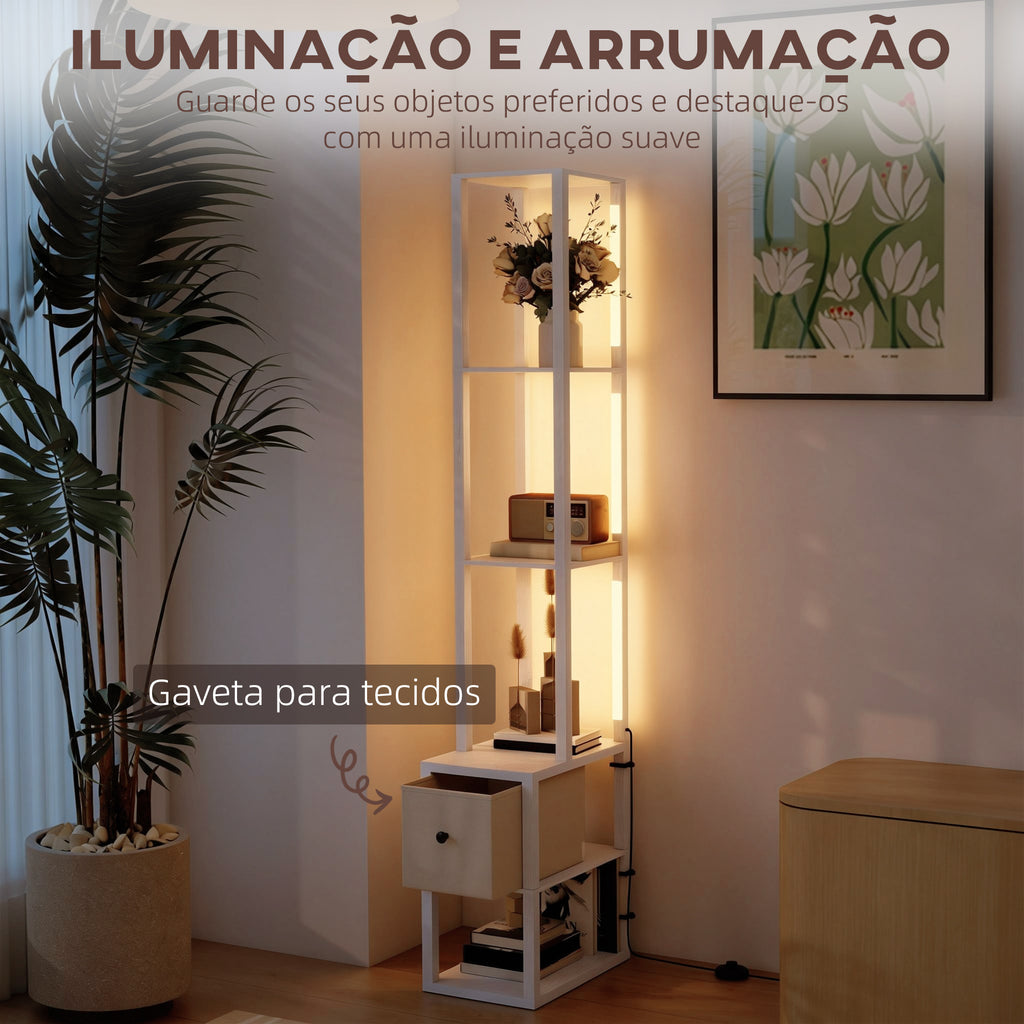 Candeeiro de Pé Moderno 169 cm com Prateleiras Abertas Candeeiro de Pé para Sala de Estar com Gaveta de Tecido e Interruptor de Pé Branco — foto 4