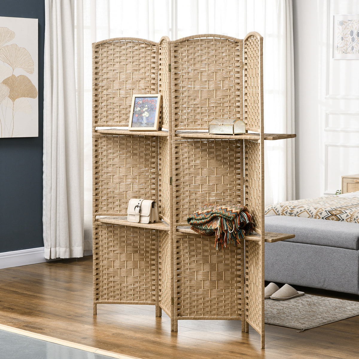 Biombo de 4 Painéis 160x170 cm Separador de Ambientes Dobrável com 2 Prateleiras de Exibição para Escritório Quarto Natural — foto 2