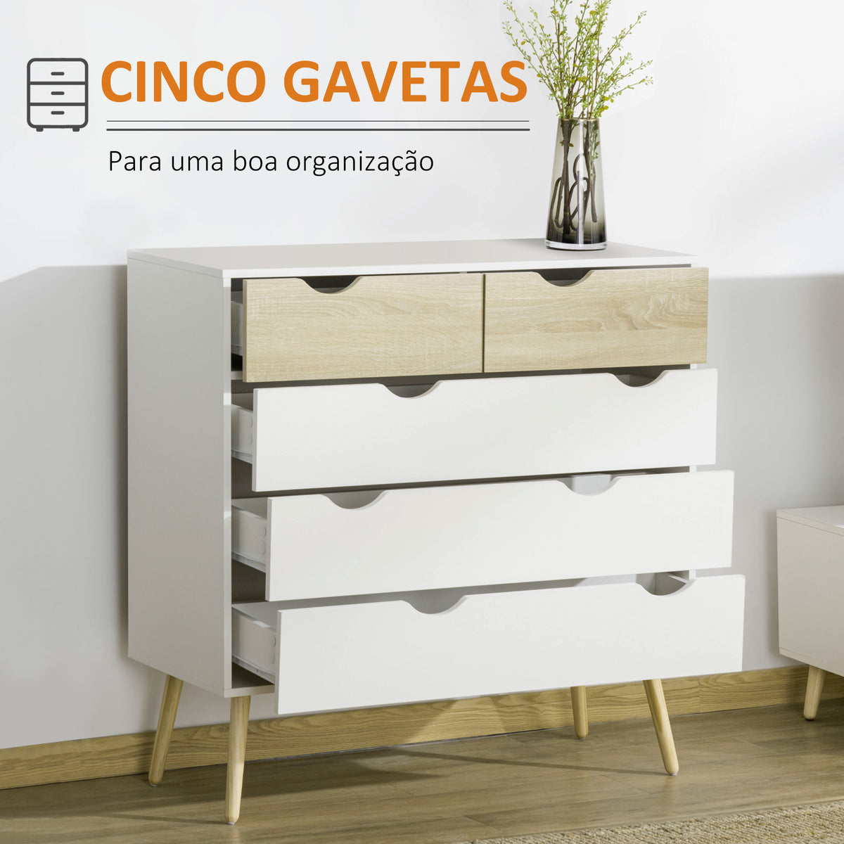 Cómoda com 5 Gavetas Cómoda de Quarto com Pés de Madeira Cómoda para Sala Escritório Estilo Nórdico 99x39x101 cm Branco e Carvalho — foto 4