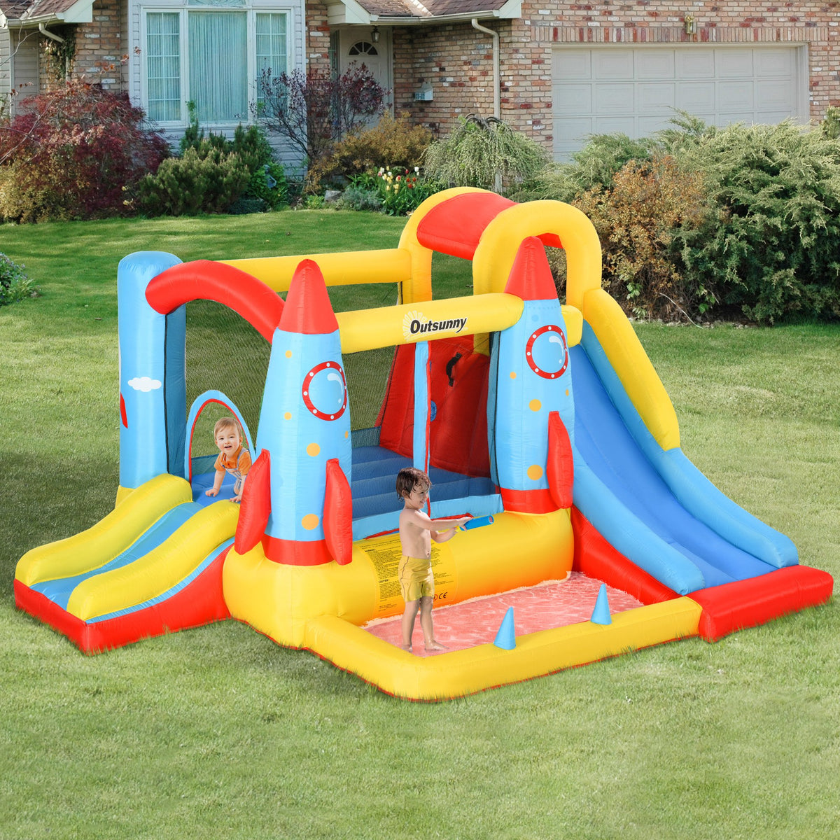 Castelo Insuflável com 2 Escorregas Trampolim e Piscina para Crianças acima de 3 Anos com Inflador e Bolsa de Transporte para Interior Exterior 330x265x185cm Multicor — foto 2
