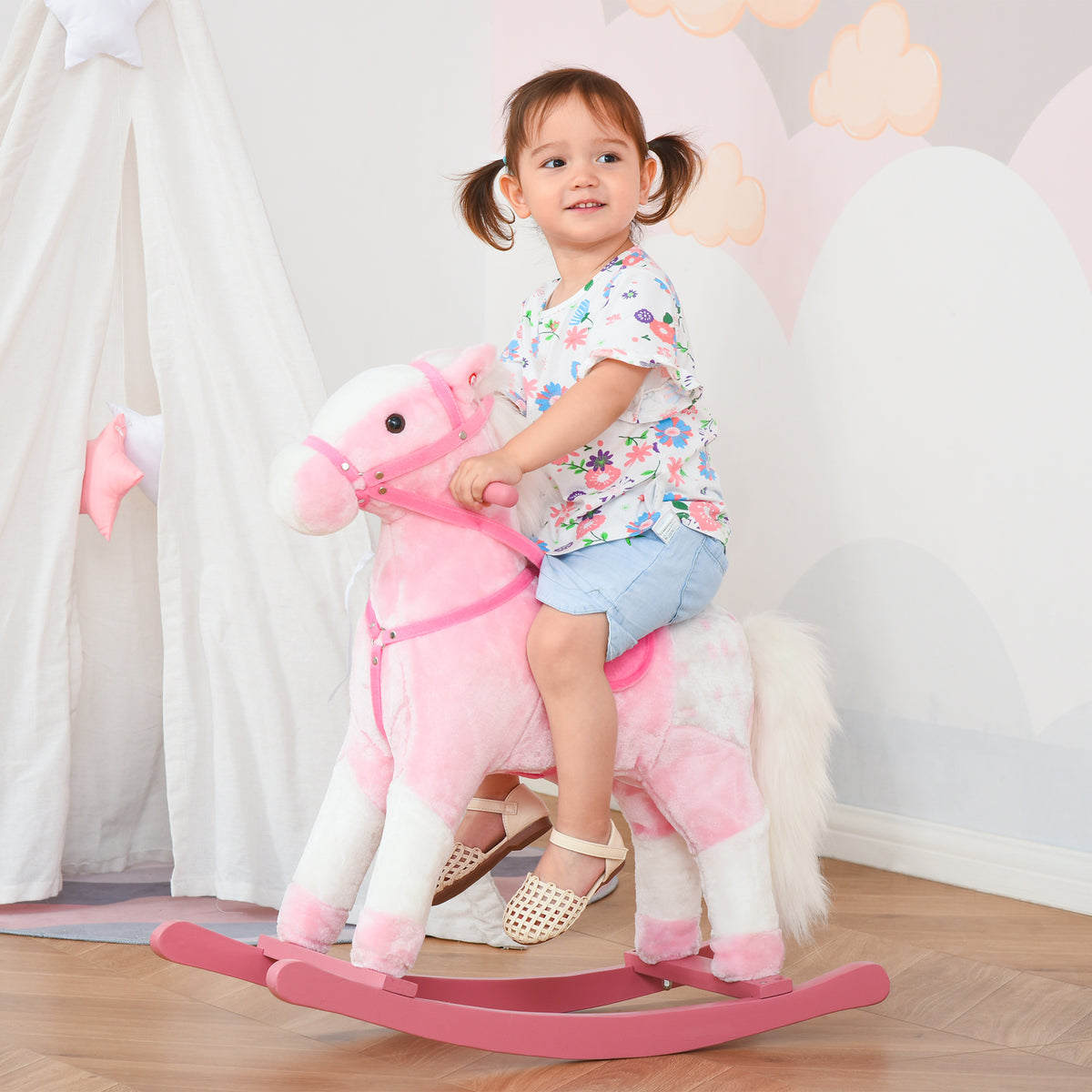 Cavalo Baloiço de Pelúcia para Crianças entre 3-6 Anos com Sons de Relincho 74x28x65 cm Rosa — foto 2