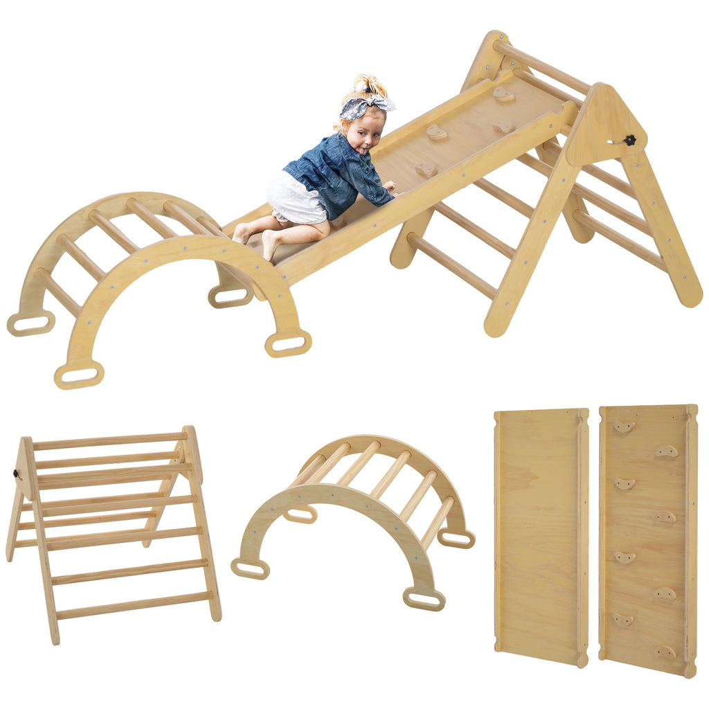 Triângulo de Escalada de Madeira 5 em 1 Escada para Crianças de 18-48 Meses com Rampa e Arco de Escalada para Deslizar ou Escalar 178x64,5x63 cm Madeira — foto 1