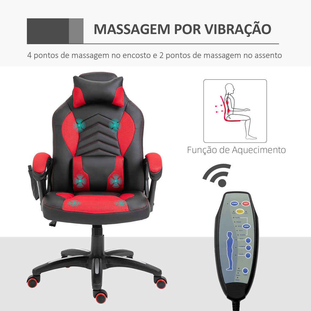 Cadeira de Escritório com 6 Pontos de Massagem e Aquecimento Cadeira Gaming Ergonómica com Altura Ajustável Apoio de Cabeça e Almofada Lombar 68x69x108-117 cm Preto e Vermelho — foto 4