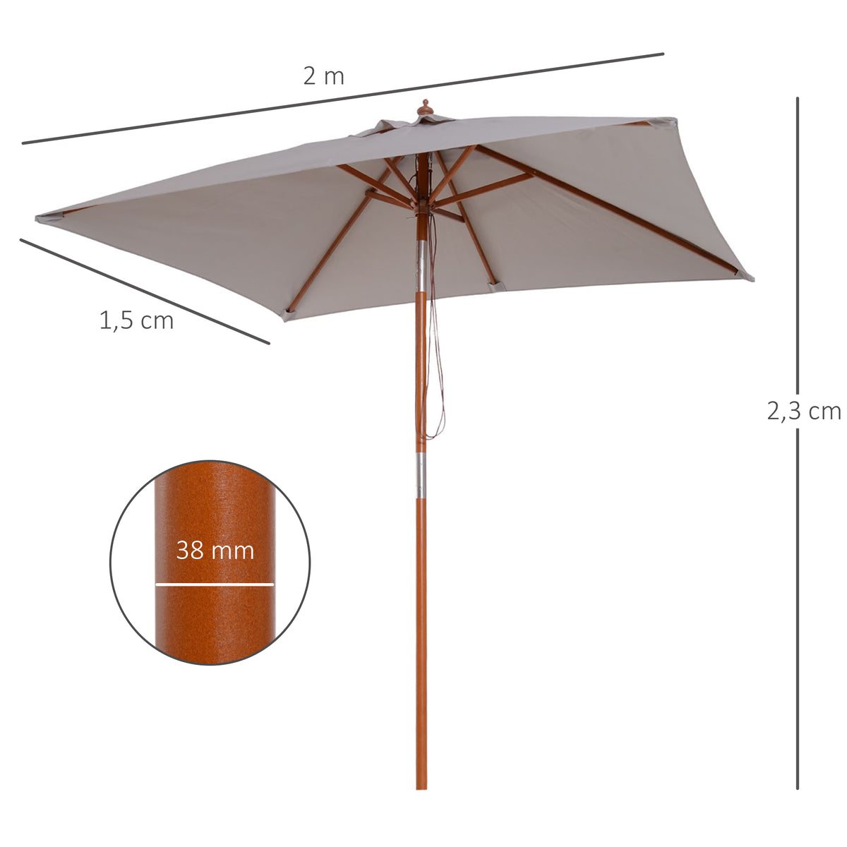 Chapéu de Sol de Jardim 200x150x235cm Chapéu de Sol Retangular Inclinável com Polia Duplo Teto e Mastro Desmontável de Madeira para Terraço Pátio Cinza — foto 3