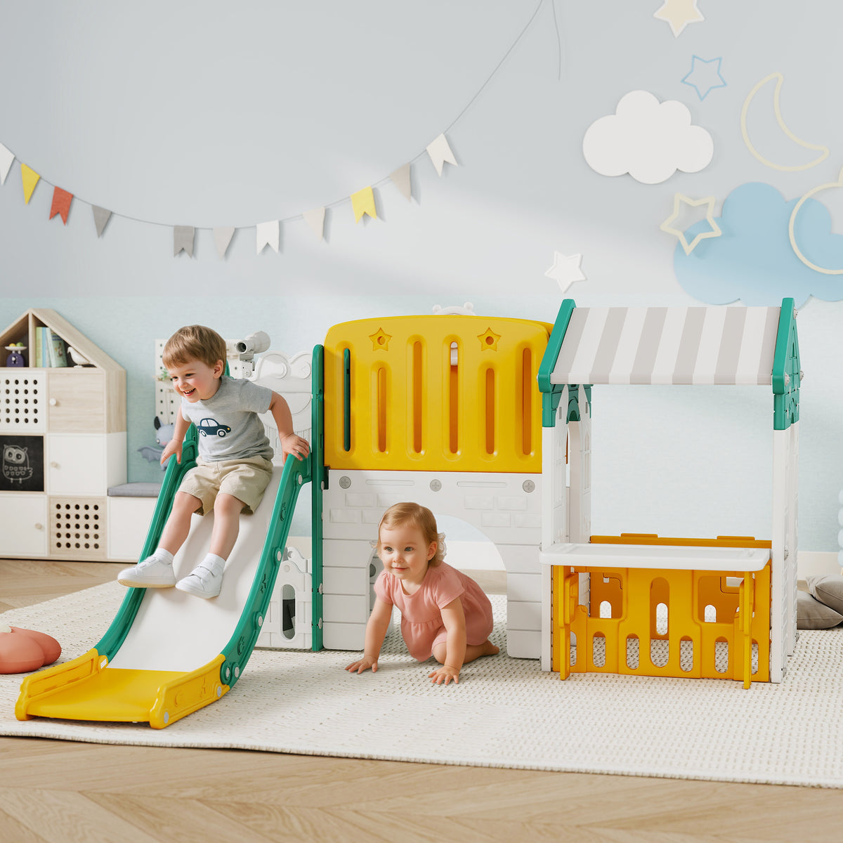 Escorrega Infantil 7 em 1 com Casinha para Crianças Escorrega com Escada Aro de Basquetebol Túnel Quadro Telescópio para Interior 189x180x111 cm Amarelo e Verde — foto 2