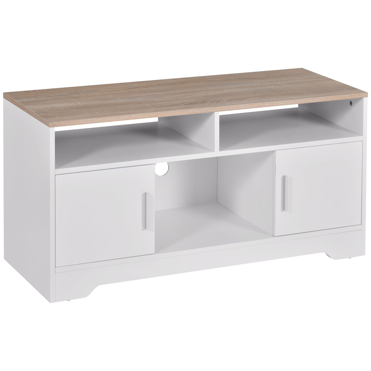 Móvel de TV para Sala de Estar Móvel de TV com Amplo Espaço de Arrumação Prateleiras Abertas Orifício Passa Cabos 105x40x52 cm Branco e Madeira — foto 1