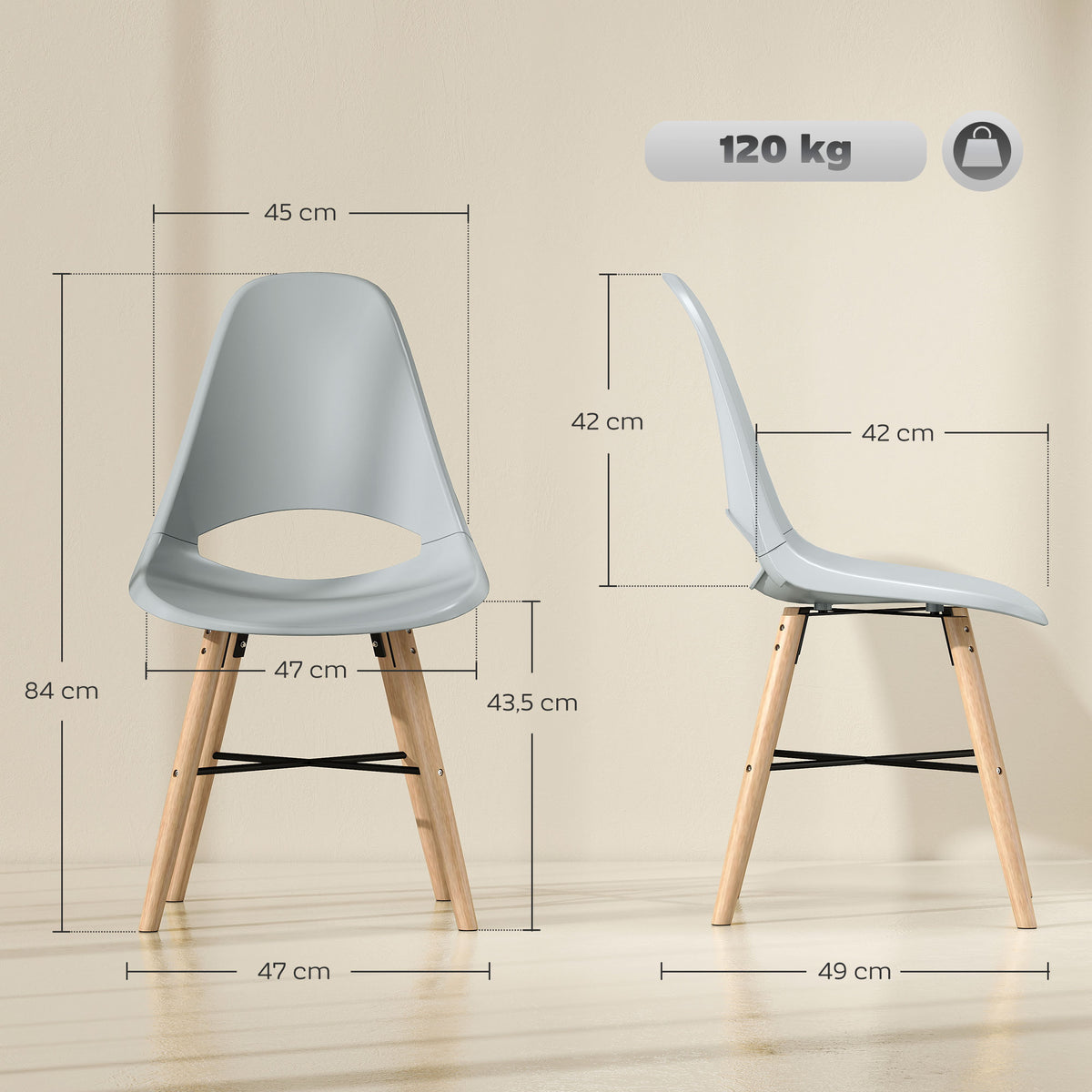 Conjunto de 2 Cadeiras de Jantar de Plástico Cadeiras de Cozinha Modernas com Encosto Curvado e Pés em Madeira de Borracha para Sala de Estar Quarto 47x49x84 cm Cinzento — foto 3
