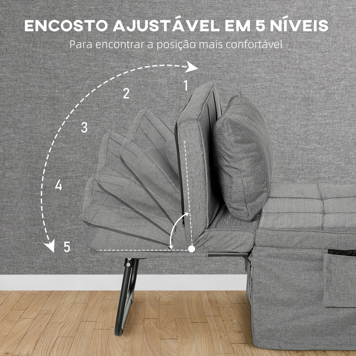 Sofá Cama 4 em 1 Poltrona Cama Desdobrável Estofado em Linho com Encosto Ajustável em 5 Níveis e Almofada Acolchoada para Escritório, Quarto Sala 75x80x74 cm Cinza — foto 5