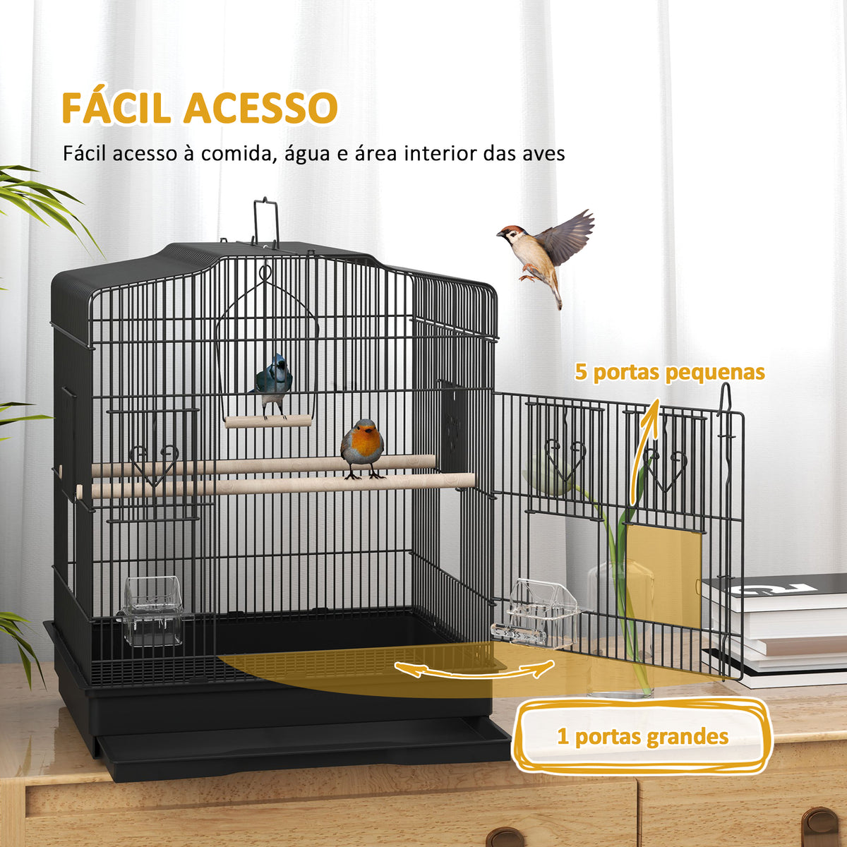 Gaiola para Pássaros 46,5x36x59 cm Gaiola de Metal para Pássaros com Portas 2 Comedouros 2 Poleiros Baloiço Bandeja Amovível e Pega de Transporte para Canário Periquito Preto — foto 4