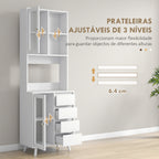 Armário de Cozinha com 2 Armários com Portas de Vidro Temperado 2 Compartimentos Abertos 4 Gavetas e Prateleiras Ajustáveis 60x35x180 cm Branco — foto 5