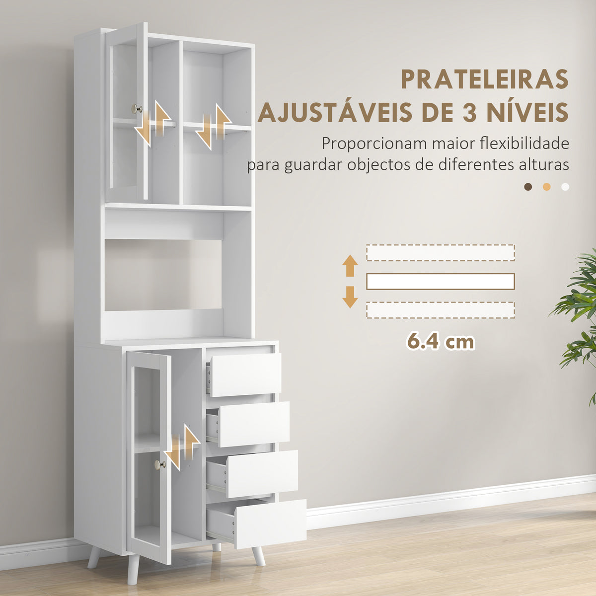 Armário de Cozinha com 2 Armários com Portas de Vidro Temperado 2 Compartimentos Abertos 4 Gavetas e Prateleiras Ajustáveis 60x35x180 cm Branco — foto 5