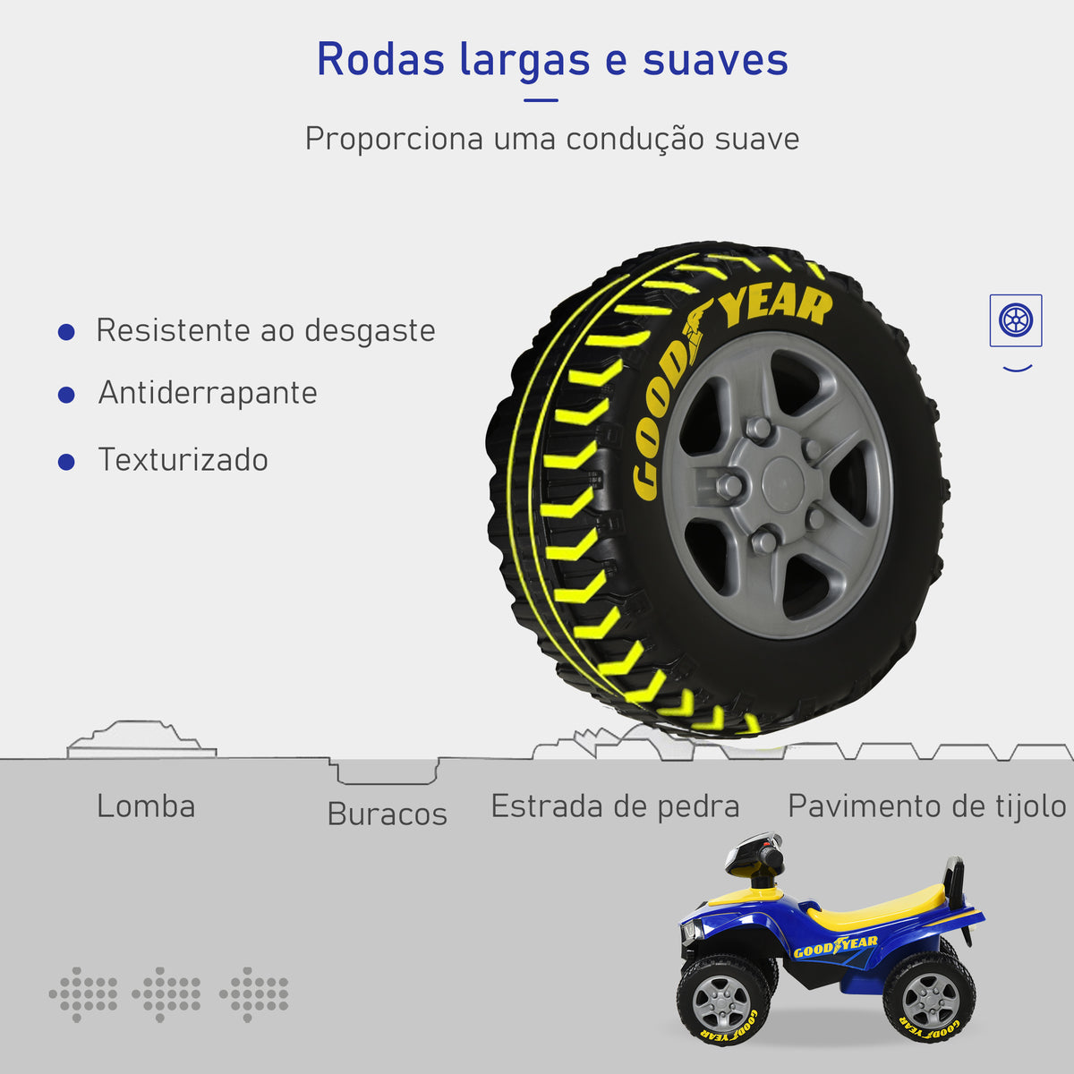 Quad Andador com Licença GOODYEAR para Crianças de 18-36 Meses Moto Quádrupla com Luzes, Buzina e Espaço Secreto de Armazenamento 60x31x42 cm Azul — foto 5