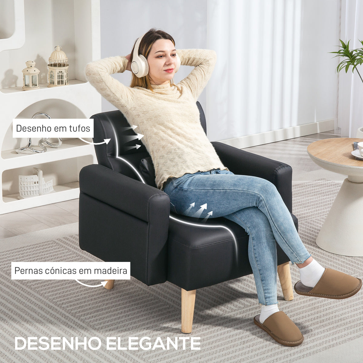 Poltrona Moderna Estofada em Couro Sintético com Apoios de Braço Acolchoados Encosto com Costuras e Pés em Madeira para Dormitório 77x78x78 cm Preto — foto 5