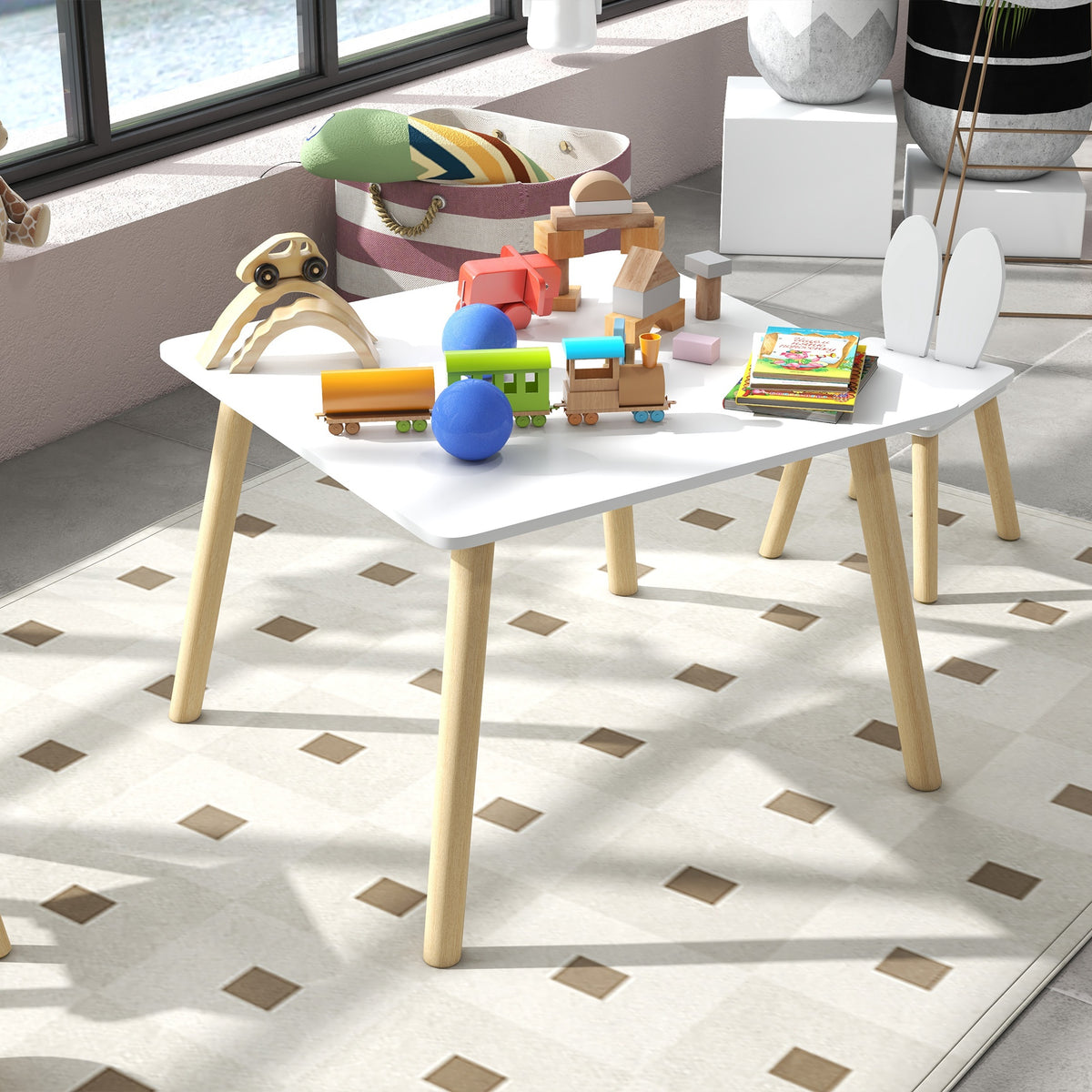Conjunto de Mesa Infantil e 2 Cadeiras Mesa Infantil com Costas de Cadeiras com Orelhas de Coelho Mesa Infantil para Quarto de Bebé Sala de Jogos Branca — foto 8