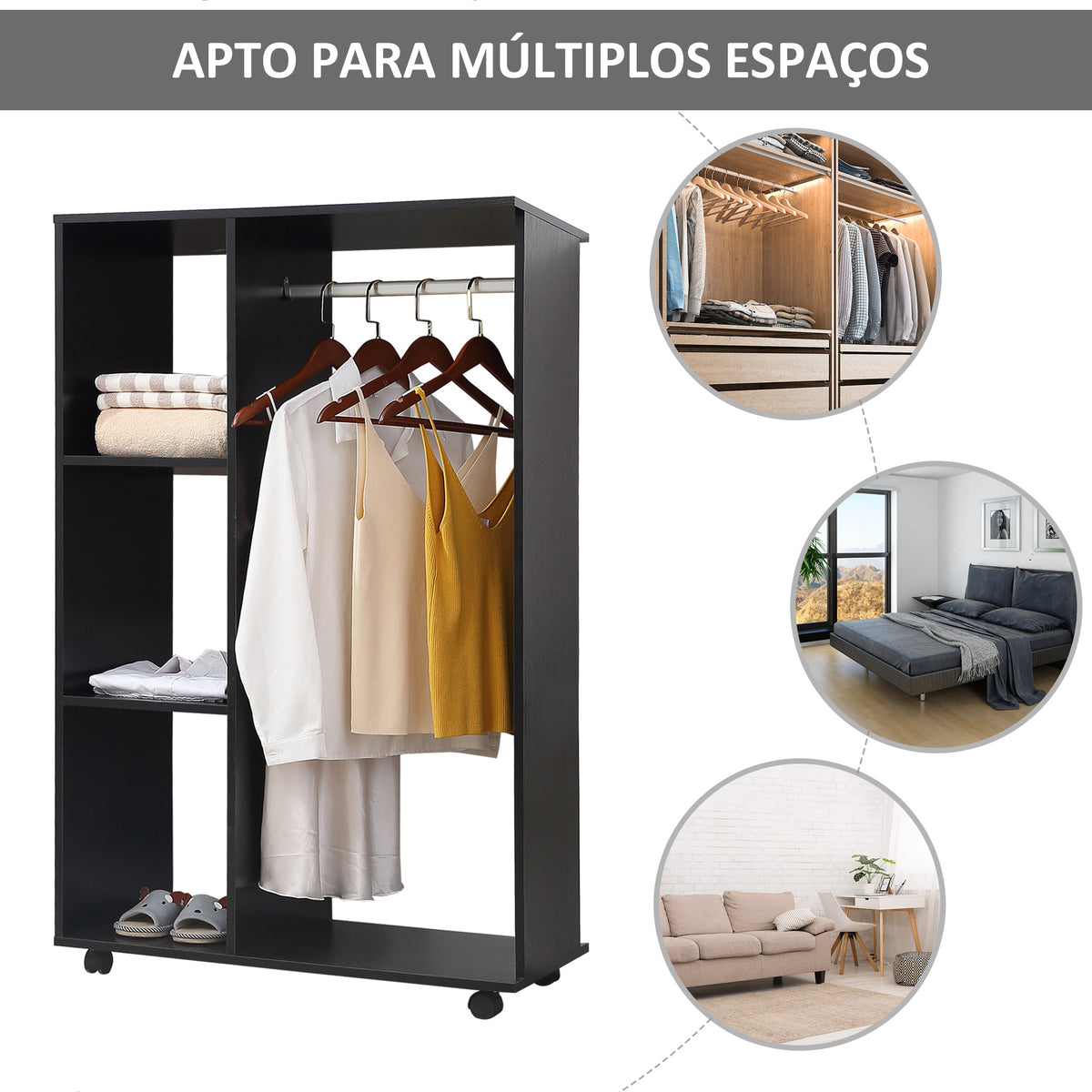 Roupeiro de Madeira Móvel Armário Roupeiro Aberto com Barra para Pendurar e 3 Prateleiras Organizadoras para Dormitório 80x40x128 cm Preto — foto 4