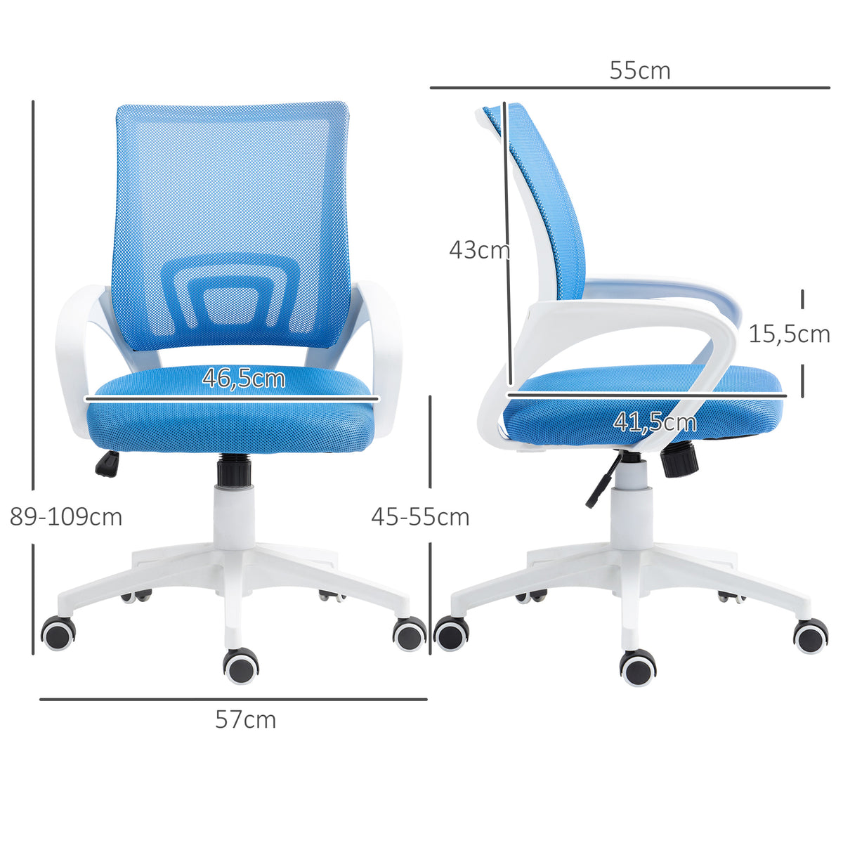 Cadeira de Escritório de Malha Cadeira de Escritório Giratória com Altura Ajustável Função Basculante e Apoio para os Braços Cadeira de Estúdio Carga 120 kg 57x55x89-109 cm Azul — foto 3