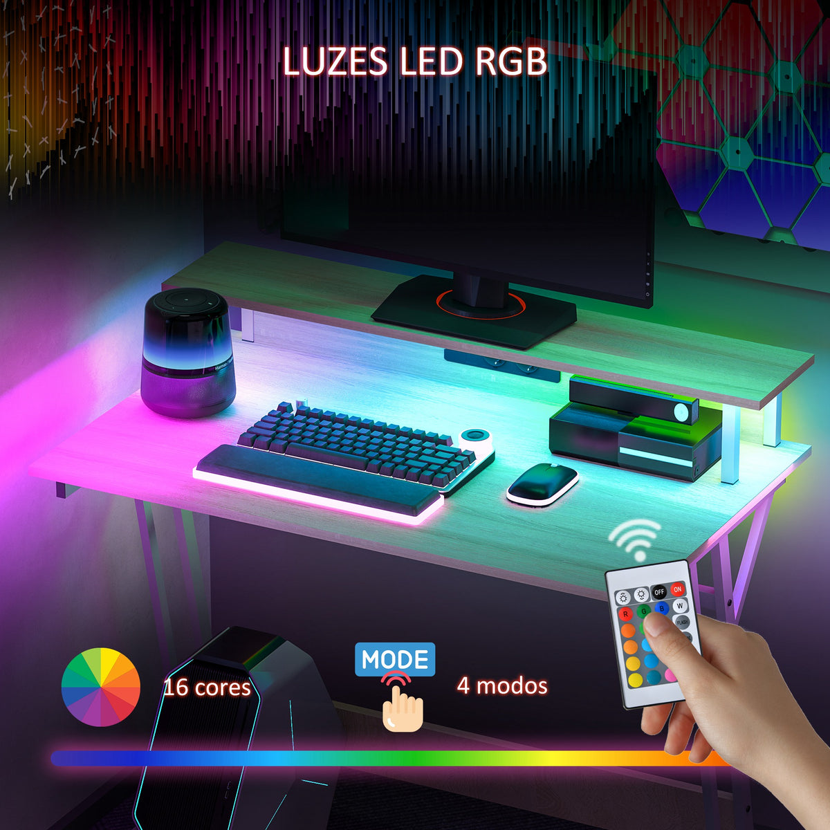 Mesa Gaming com Luzes LED, 100x60 cm, Secretária Gaming, Mesa Gamer com Tomadas Elétricas, Suporte para Monitor, Prateleiras e Controlo Remoto, para Escritório, Estúdio, Natural — foto 4