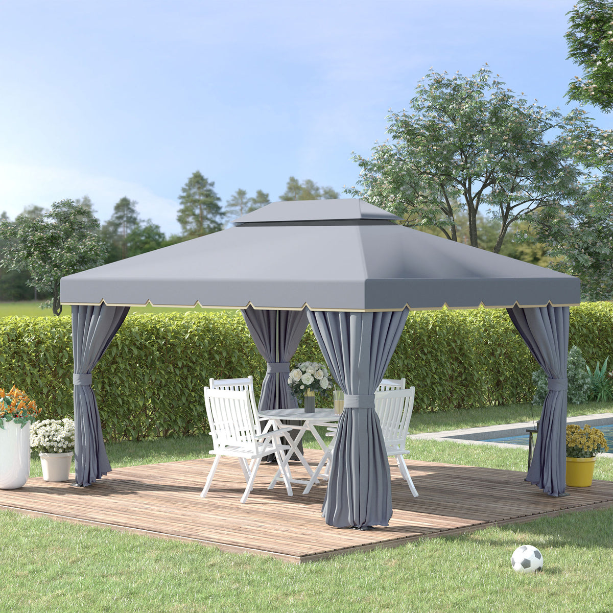 Pérgola de Jardim 4x3m Pérgola de Alumínio com Teto de Ventilação 4 Cortinas Laterais Tela Mosquiteira e 8 Orifícios de Drenagem para Exterior Pátio Festas Cinza — foto 2