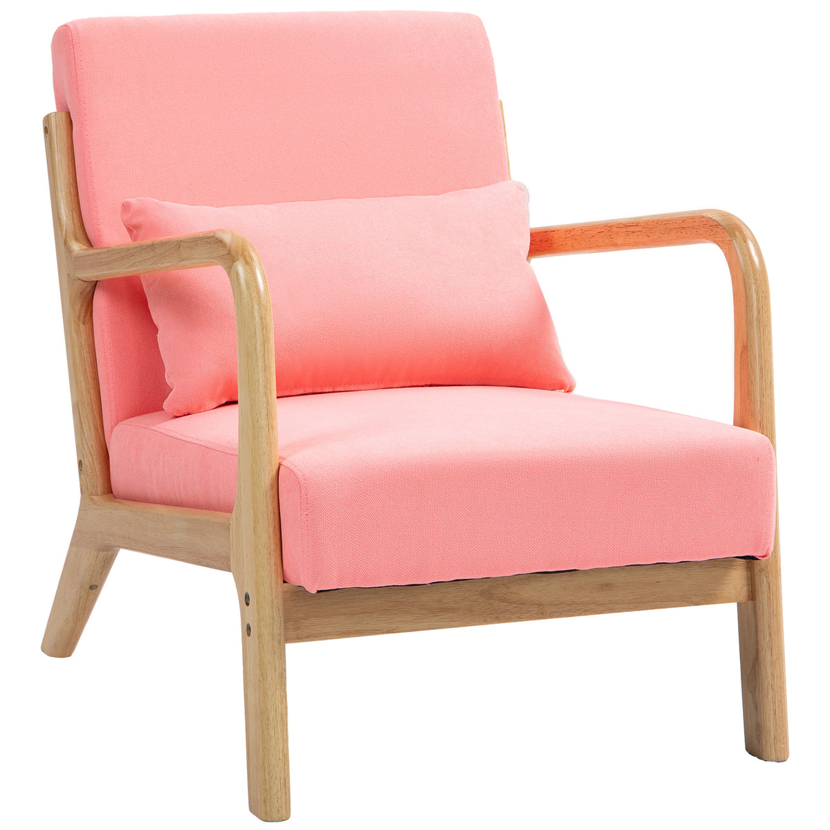 Poltrona Sala de Estar Nórdica Poltrona Individual Acolchoada com Apoio para os Braços e Estrutura de Madeira de Borracha para Dormitório Carga 120 kg 61x78x76 cm Rosa — foto 1