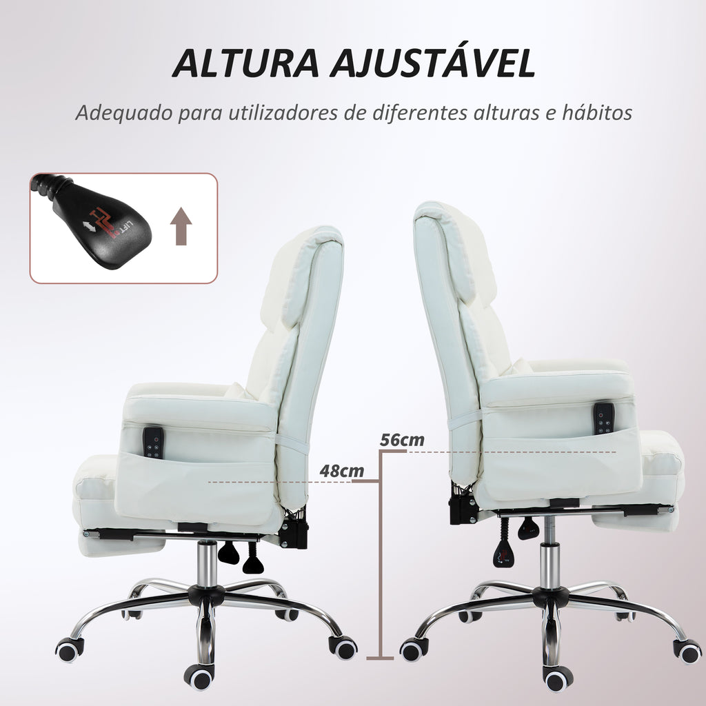 Cadeira de Massagem com 6 Pontos de Massagem Cadeira de Escritório com Apoio para os Pés Retrátil Altura Ajustável Controlo Remoto e Suporte Lombar Estofado em PU 69x65x107-115 cm Branco — foto 7