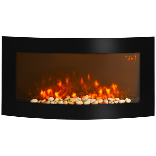 Camino Elettrico da Parete Effetto Fiamma Realistica Luci LED 7 Colori Telecomando Potenza Regolabile 1000W/2000W 89,2x13,5x48cm Nero