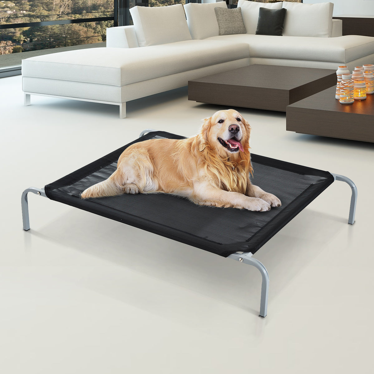 Cama Elevada para Animais de Estimação Cama para Cães e Gatos Desmontável Tecido Textilene Exterior Jardim Terraço 89x58x20cm Preto — foto 7
