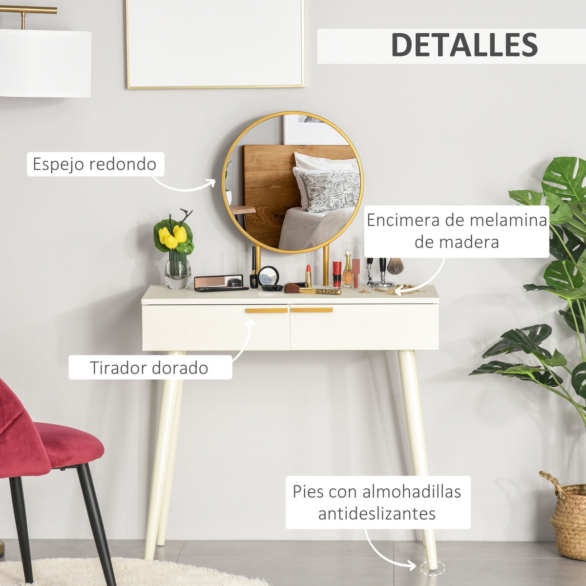 Toucador com Espelho Redondo Mesa de Maquilhagem com 2 Gavetas Estilo Moderno para Dormitório 80x40x123cm Branco — foto 5