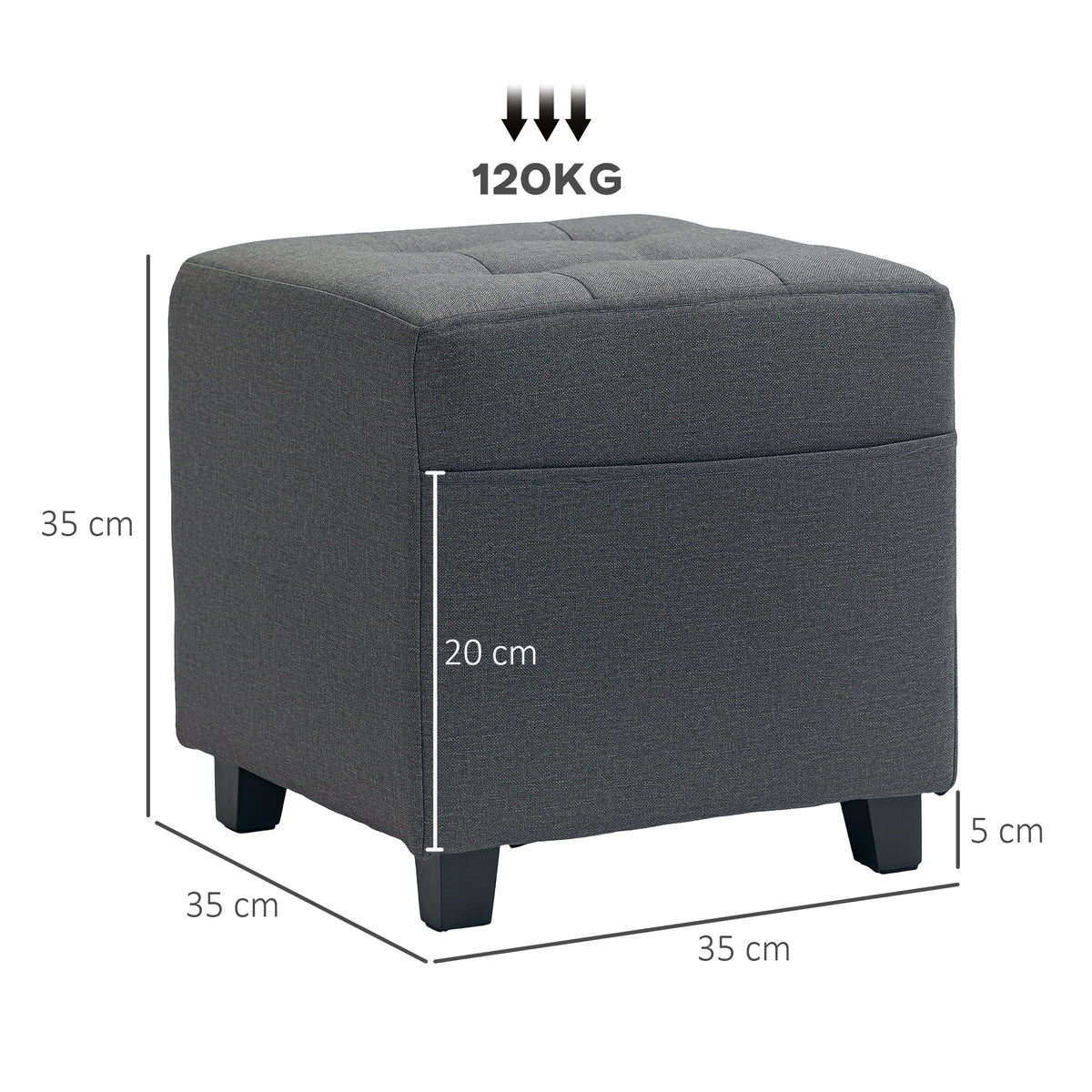 Apoio para os Pés Sala de Estar Banco Estofado em Linho com Bolso Lateral Tampa com Botões Acolchoados e Estrutura de Madeira para Sala de Estar Dormitório 35x35x35 cm Cinzento — foto 3