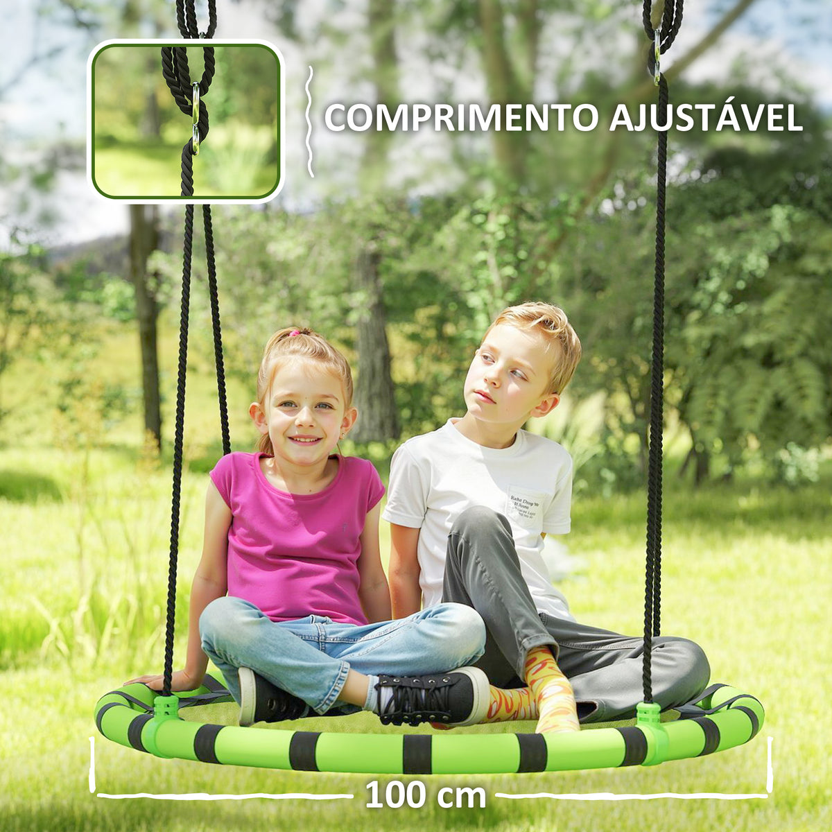 Baloiço para Crianças Redondo Baloiço de Jardim Infantil Ajustável Baloiço de Exterior para Crianças Impermeável Carga 150kg Ø100x180 cm Preto e Verde — foto 5