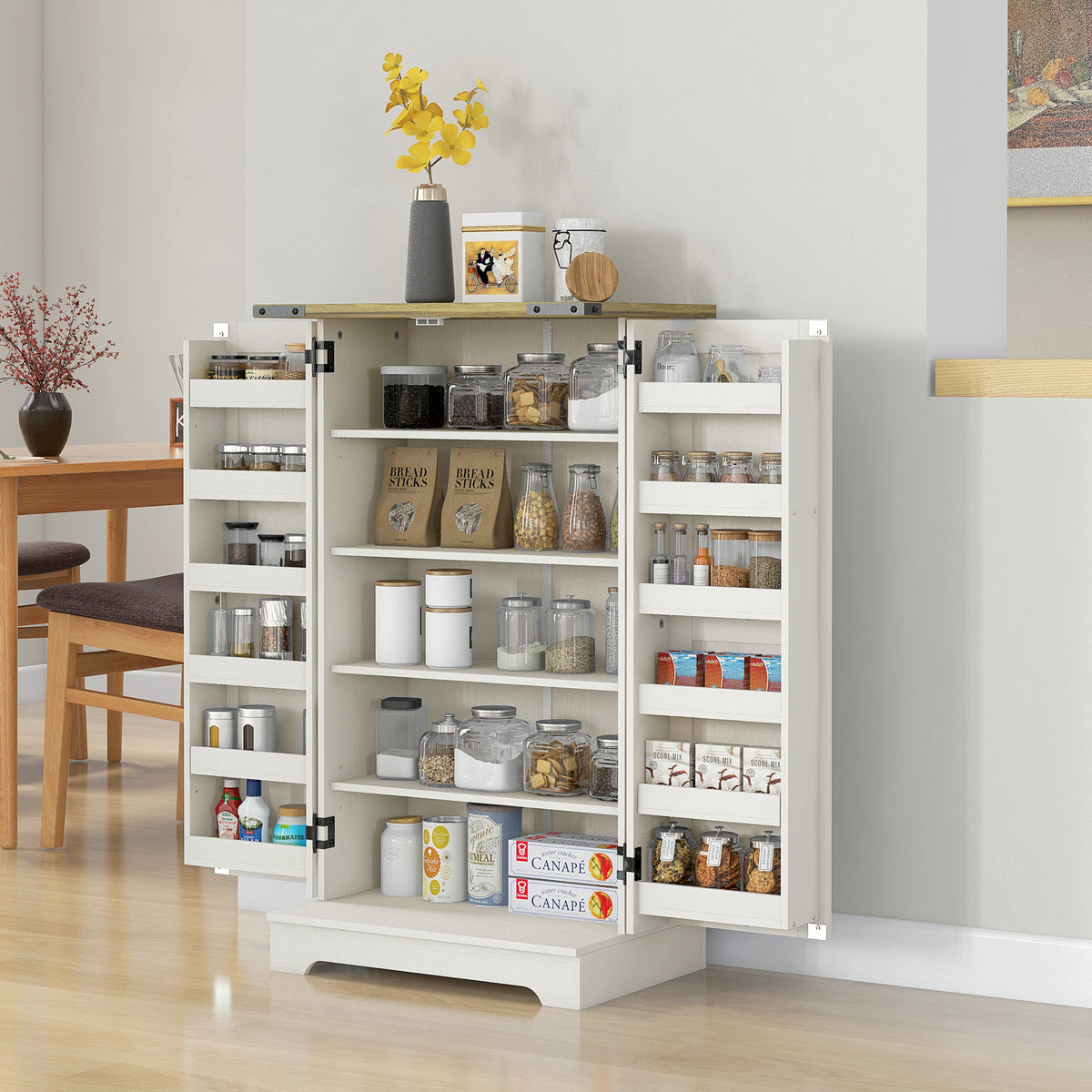 Armário Despensa de Cozinha com 2 Portas e 16 Prateleiras Alacena Rústica com Prateleira Ajustável para Sala de Jantar ou Sala de Estar 60x40x104 cm Creme — foto 2