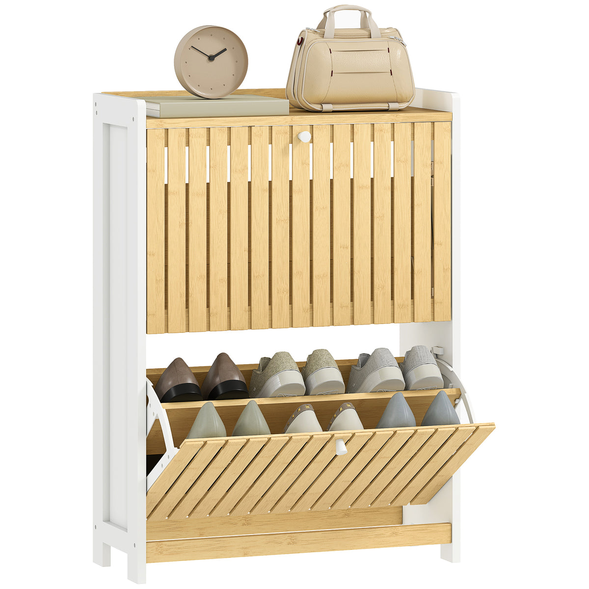 Sapateira Estreita com 2 Portas de Bambu em Ripas Móvel Sapateira com Prateleiras Ajustáveis para 12 Pares de Sapatos 60x24x82,5 cm Branco e Madeira — foto 1