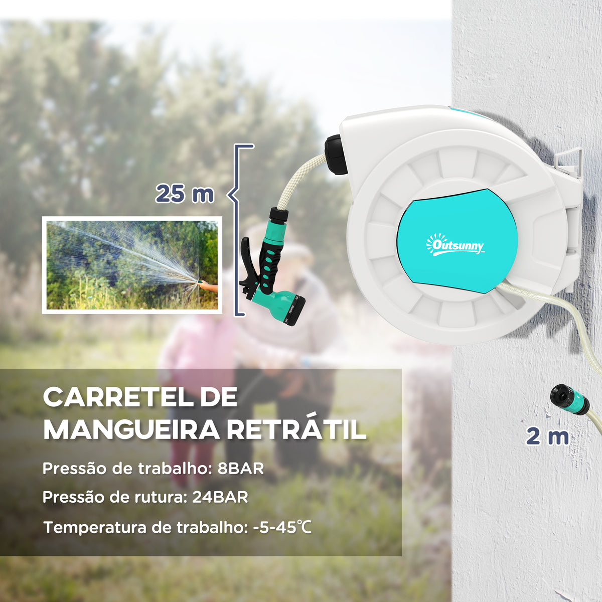 Carretel de Mangueira Retrátil de Parede Carretel de Mangueira de Jardim de 25+2 m e Bloqueio de Retorno Automático Bocal com 7 Funções e Giro de 180° 55x20x42 cm Cinza Claro — foto 4