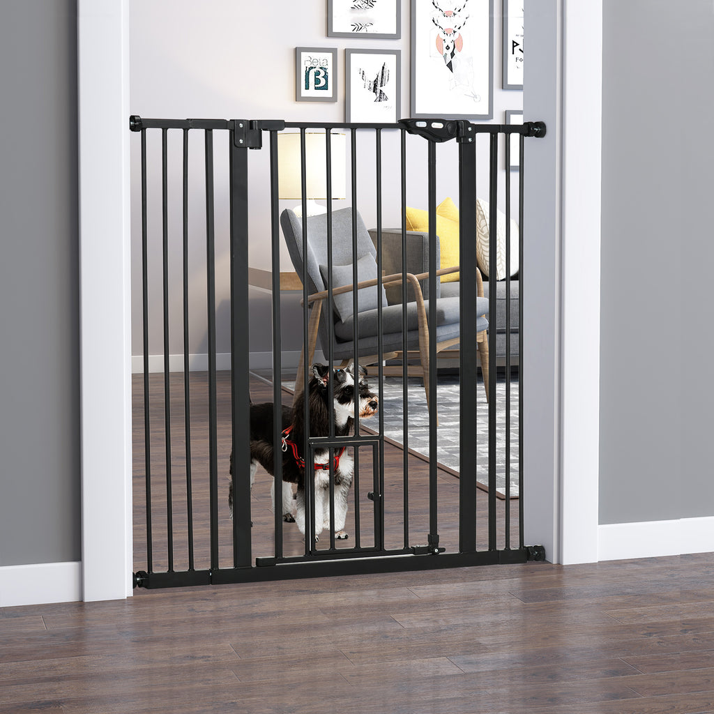 Barreira de Segurança para Cães com Porta Pequena Barreira para Animais de Estimação Extensível com Fechamento Automático e Sistema Duplo de Bloqueio 74-101x104,1 cm Preto — foto 2