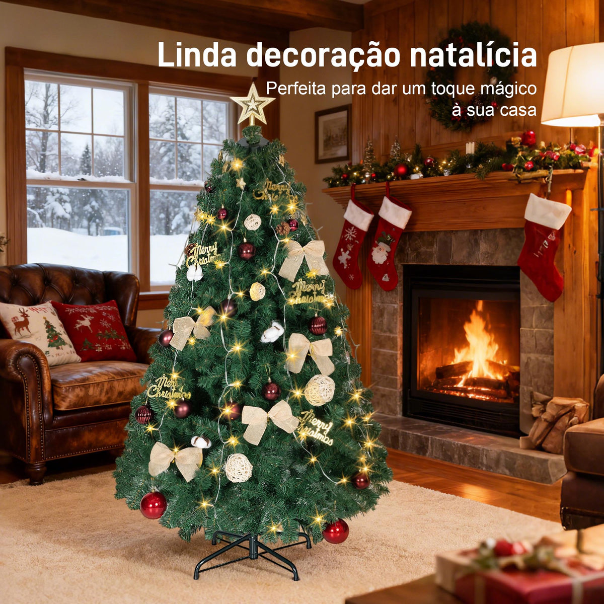 Árvore de Natal de 150 cm com Decorações 150 Luzes LED Branco Quente Árvore de Natal Decorada com 8 Modos de Iluminação 480 Ramos Suporte de Aço Decoração para Casa Festa Interior Verde — foto 4