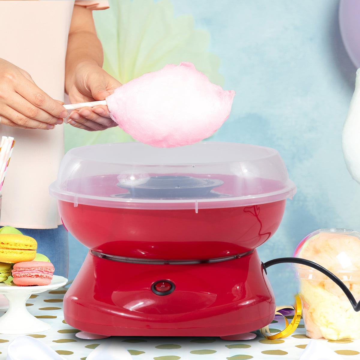 Máquina de Algodão Doce Potência 450W-550W Máquina de Algodão Doce com Colher Medidora e 10 Palitos de Bambu Aço Inoxidável e Alumínio 27x26x18cm Vermelha — foto 2