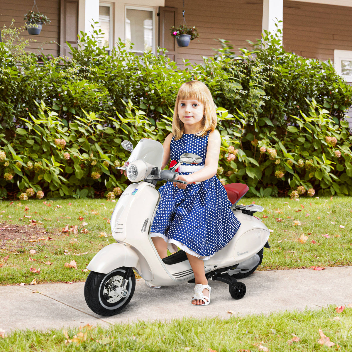 Mota Elétrica Vespa com Faróis Música 2 Rodas Auxiliares para Crianças acima de 3 Anos Mota Elétrica Infantil 108x49x75 cm Branco — foto 2