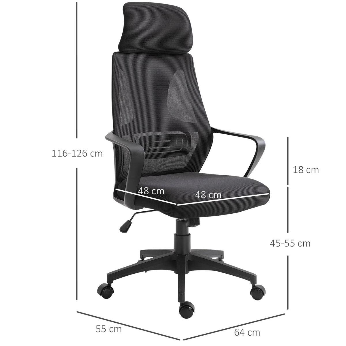 Cadeira de escritório ergonômica Cadeira de mesa inclinável ajustável em altura com encosto de braço Encosto de cabeça 5 rodas Suporta até 120 kg 64x58x116-126 cm Preto — foto 3