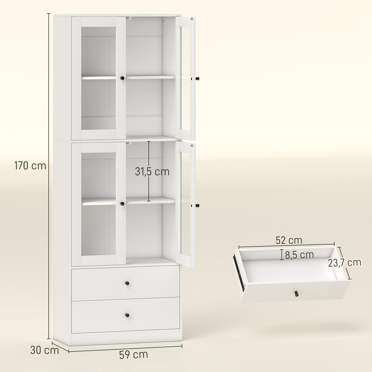 Armário de Cozinha Alto Móvel Auxiliar de Cozinha com 4 Portas de Vidro 2 Gavetas Prateleiras Ajustáveis 59x30x170 cm, Branco — foto 3