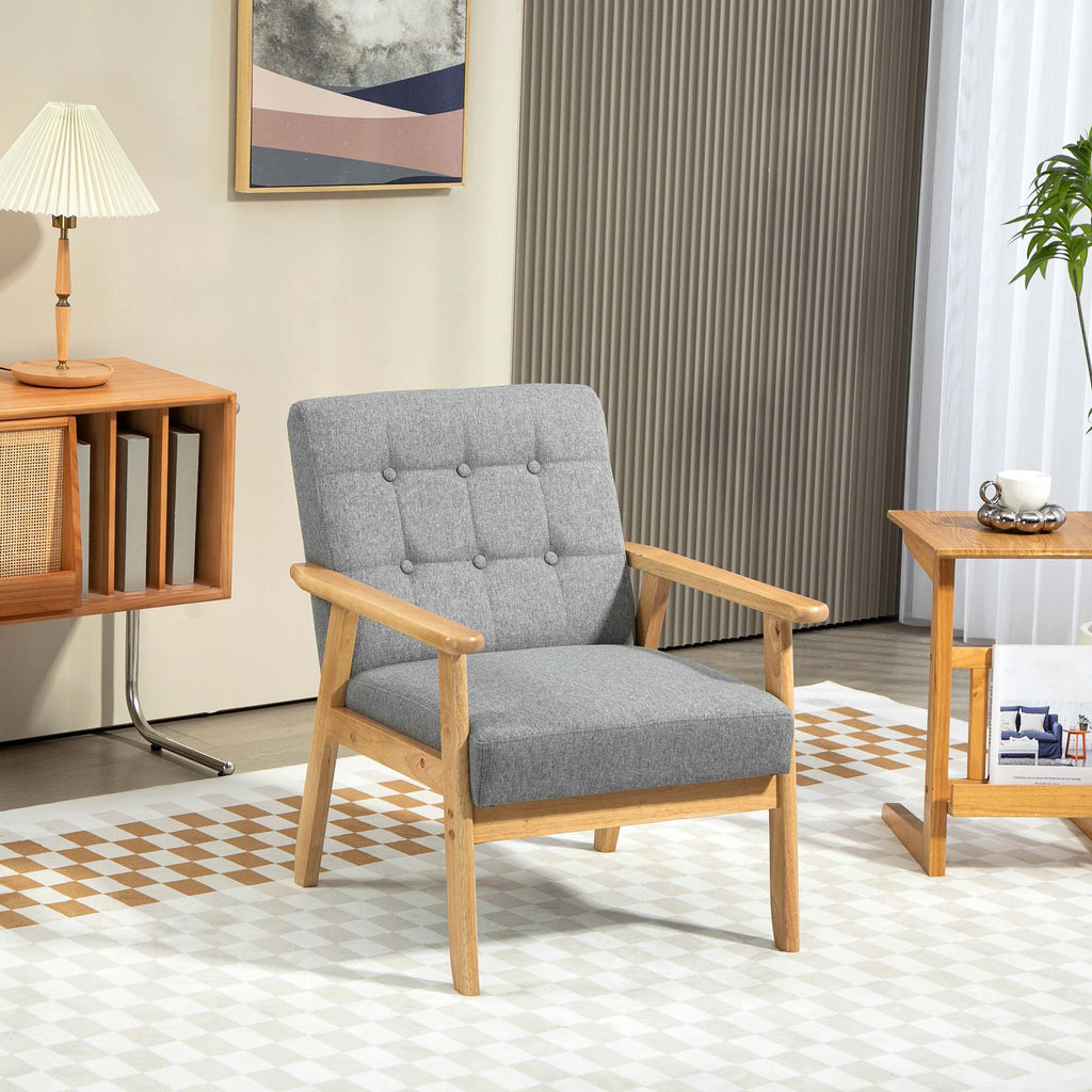 Poltrona Sala de Estar Estofada em Linho Poltrona com Apoio para os Braços e Estrutura de Madeira de Borracha Poltrona para Dormitório Sala de Estar Carga 130 kg 64x75x76 cm Cinza Claro — foto 2