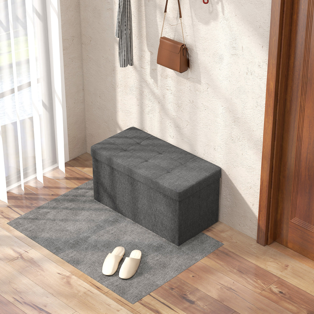 Baú de Armazenamento para Dormitório 84L Puff de Armazenamento Dobrável Estofado em Linho Sintético com Tampa para Sala de Estar 76x38x38 cm Cinza Escuro — foto 2