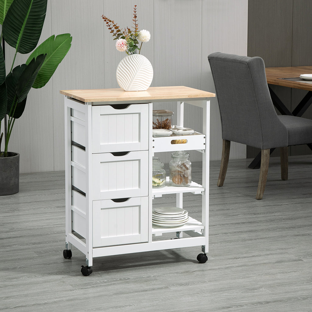 Carrinho de Cozinha com Rodas Carrinho de Serviço Multiuso com 3 Gavetas 2 Prateleiras Abertas e Bandeja para Sala de Jantar Sala de Estar 67x37x85,5cm Branco — foto 2