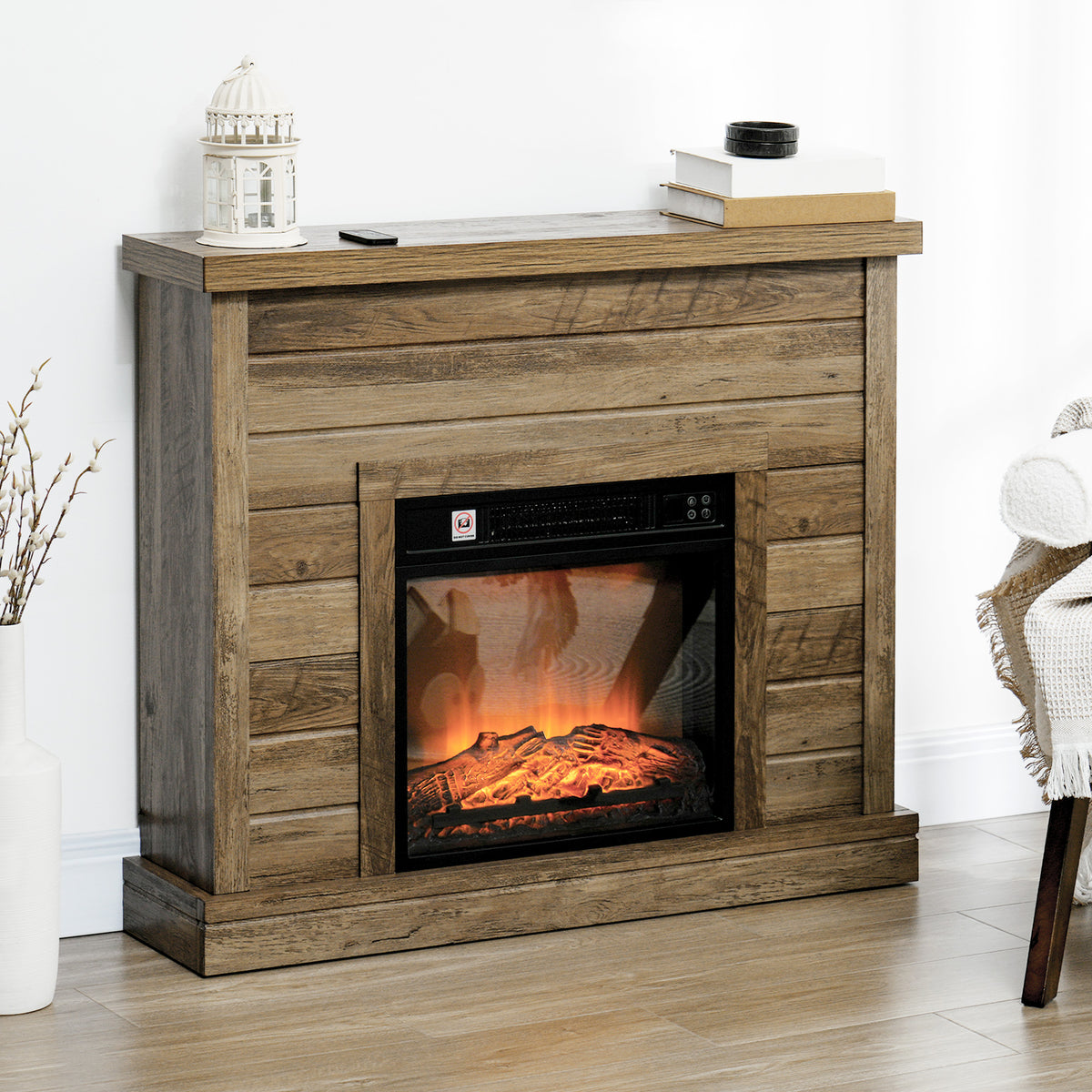 Lareira Elétrica 1800W Lareira Decorativa com Efeito de Chama Realista Controlo Remoto Temporizador Semanal Proteção Contra Sobreaquecimento para Ambientes de 30 m² 96,5x22x81,7 cm Efeito Madeira — foto 2